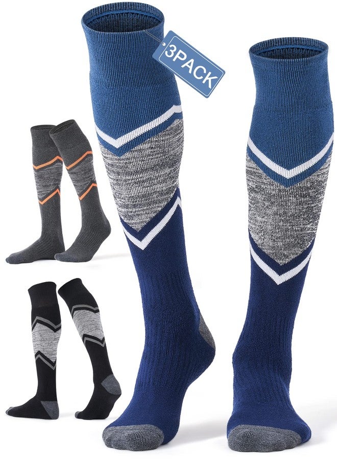 FITRELL 3 Pack Men's and Women's Ski Socks Full Cushioned Winter Merino Wool Thermal Knee High Warm Socks for Skiing Snowboarding, Black+Orange+Blue, Large - Image 1