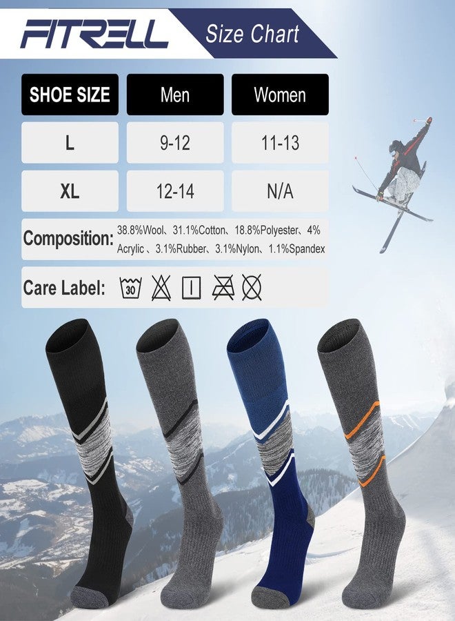 FITRELL 3 Pack Men's and Women's Ski Socks Full Cushioned Winter Merino Wool Thermal Knee High Warm Socks for Skiing Snowboarding, Black+Orange+Blue, Large - Image 2