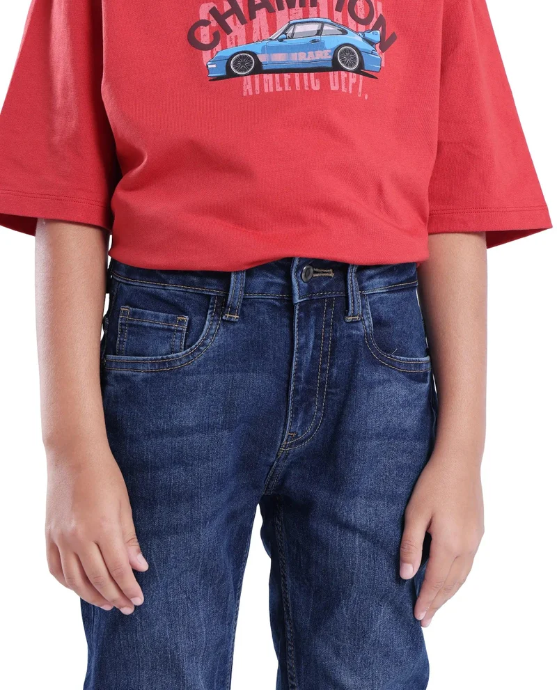 Rare Ones Rare Ones Kids Sira Dark Blue Cotton Solid Button And Zip Closure Slim Fit Jeans