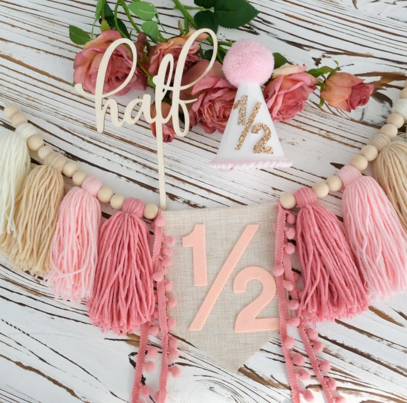 Ereniko 1/2 Birthday Decorations,Half Way To One Baby Girl Decorations,Half Birthday Hat Decorations cake Topper,6 Month Pastel Chair Banner,Happy Half Year Party Photoshoot Props - Image 2