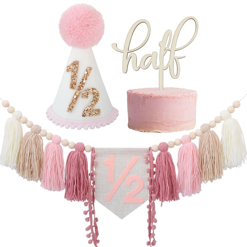 Ereniko 1/2 Birthday Decorations,Half Way To One Baby Girl Decorations,Half Birthday Hat Decorations cake Topper,6 Month Pastel Chair Banner,Happy Half Year Party Photoshoot Props - Image 1