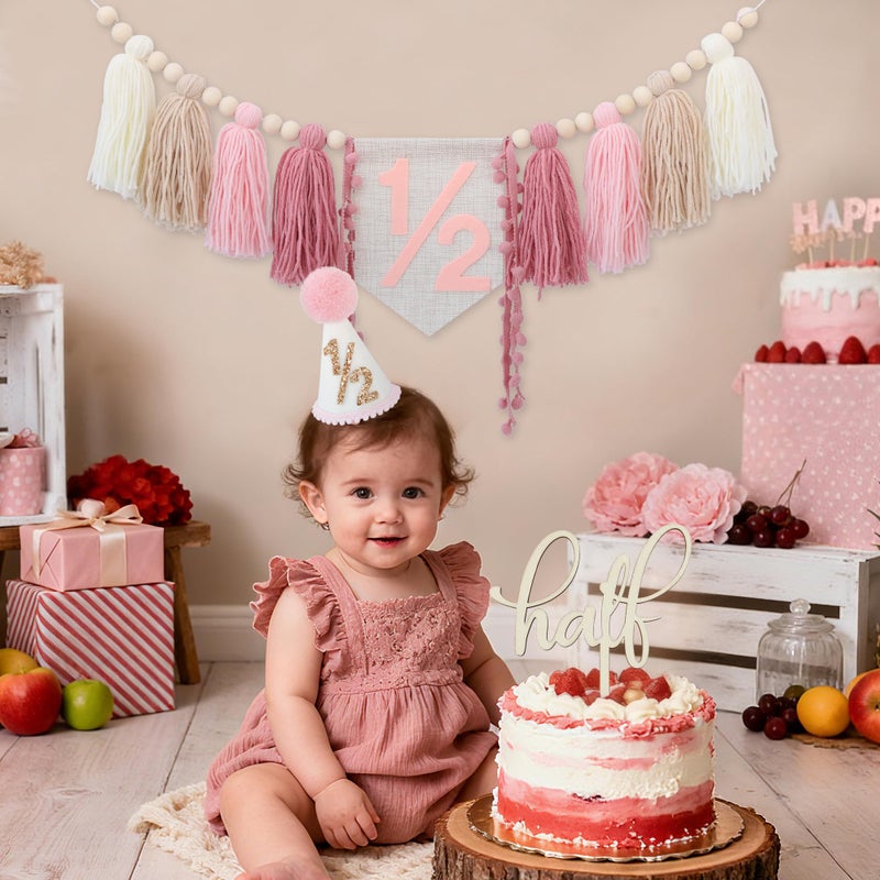 Ereniko 1/2 Birthday Decorations,Half Way To One Baby Girl Decorations,Half Birthday Hat Decorations cake Topper,6 Month Pastel Chair Banner,Happy Half Year Party Photoshoot Props - Image 4