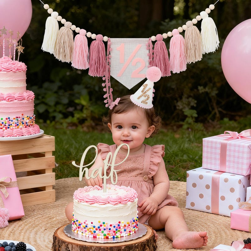 Ereniko 1/2 Birthday Decorations,Half Way To One Baby Girl Decorations,Half Birthday Hat Decorations cake Topper,6 Month Pastel Chair Banner,Happy Half Year Party Photoshoot Props - Image 5