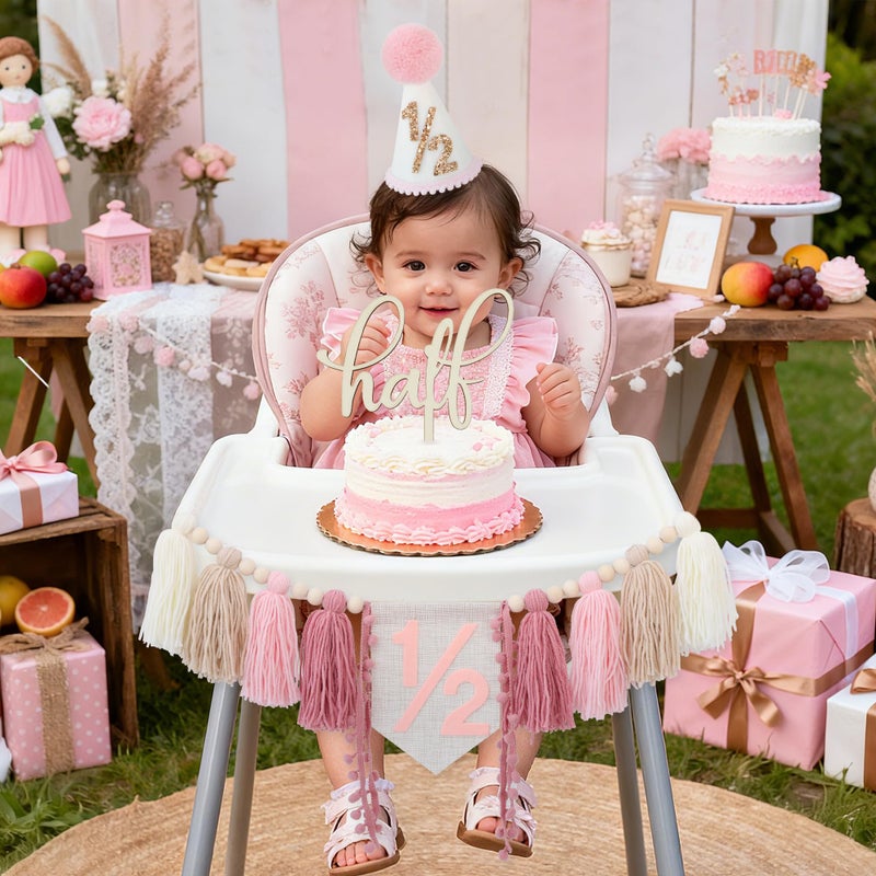 Ereniko 1/2 Birthday Decorations,Half Way To One Baby Girl Decorations,Half Birthday Hat Decorations cake Topper,6 Month Pastel Chair Banner,Happy Half Year Party Photoshoot Props - Image 3