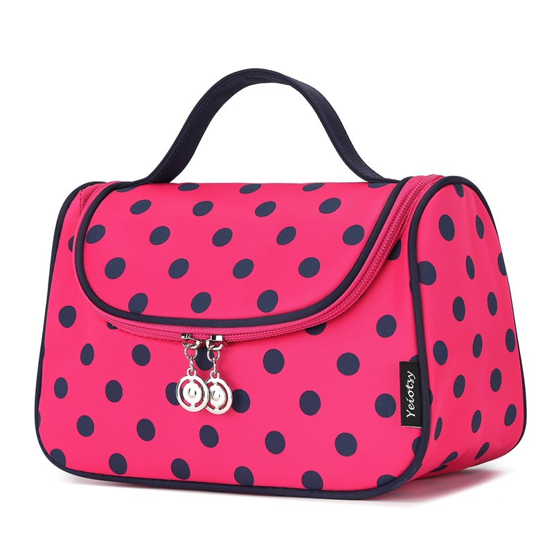 Yeiotsy Travel Cosmetic Bag for Women – Polka Dot Makeup Bag Organizer & Hanging Toiletry Bag (Rose Red) - Image 1