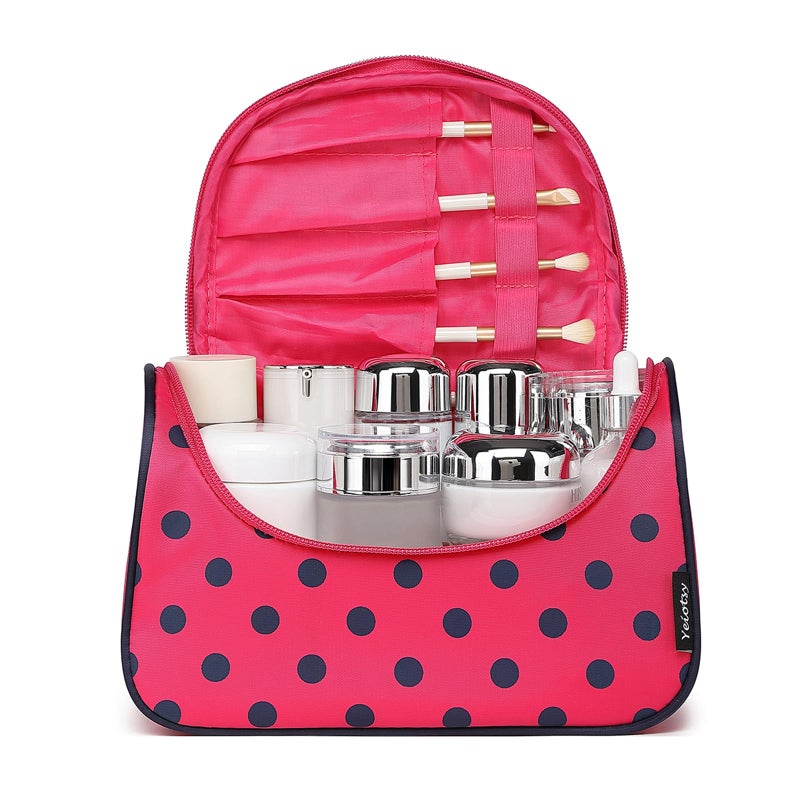 Yeiotsy Travel Cosmetic Bag for Women – Polka Dot Makeup Bag Organizer & Hanging Toiletry Bag (Rose Red) - Image 2