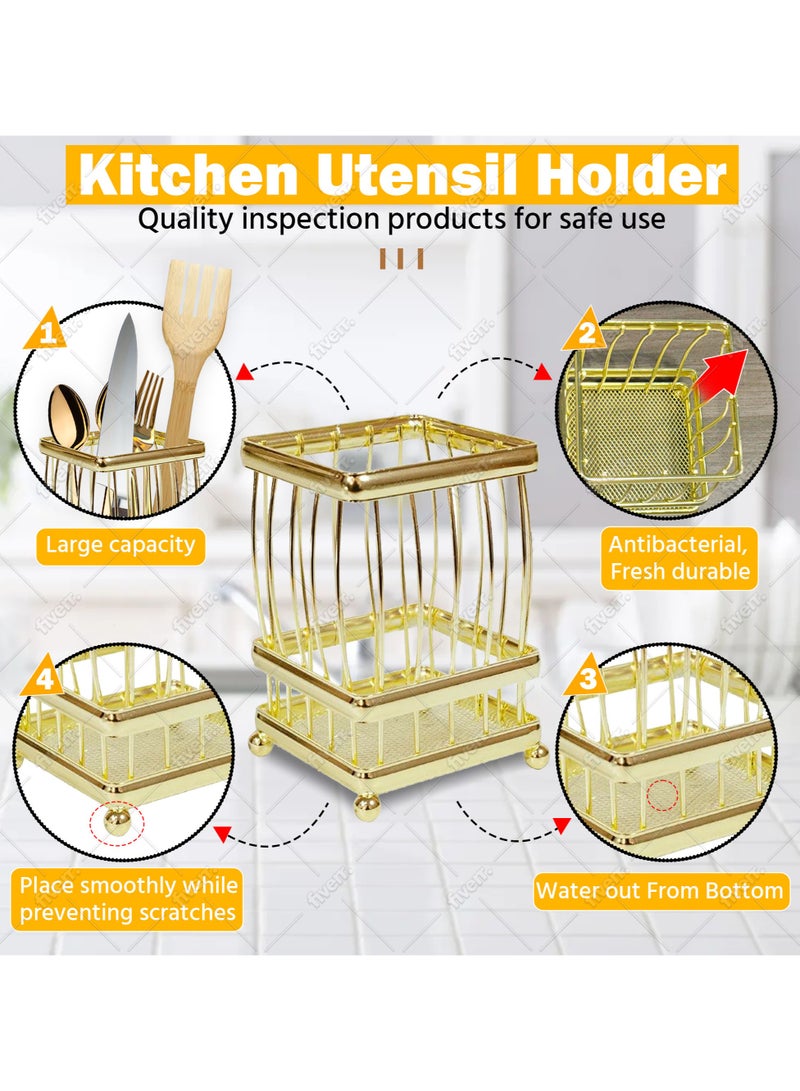 بورات صينية أدوات مائدة بورات الفاخرة - حامل أدوات من الحديد الزهر الذهبي | منظم مطبخ أنيق ومتين | مساحة تخزين على سطح الطاولة موفرة للمساحة | منظم أدراج وأدوات مائدة - Image 2