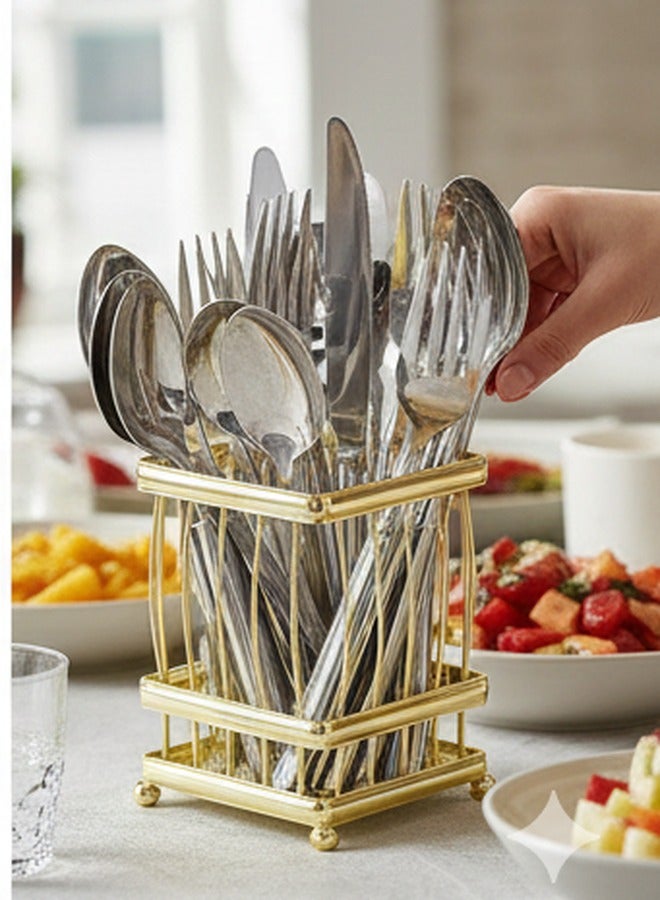بورات صينية أدوات مائدة بورات الفاخرة - حامل أدوات من الحديد الزهر الذهبي | منظم مطبخ أنيق ومتين | مساحة تخزين على سطح الطاولة موفرة للمساحة | منظم أدراج وأدوات مائدة - Image 1