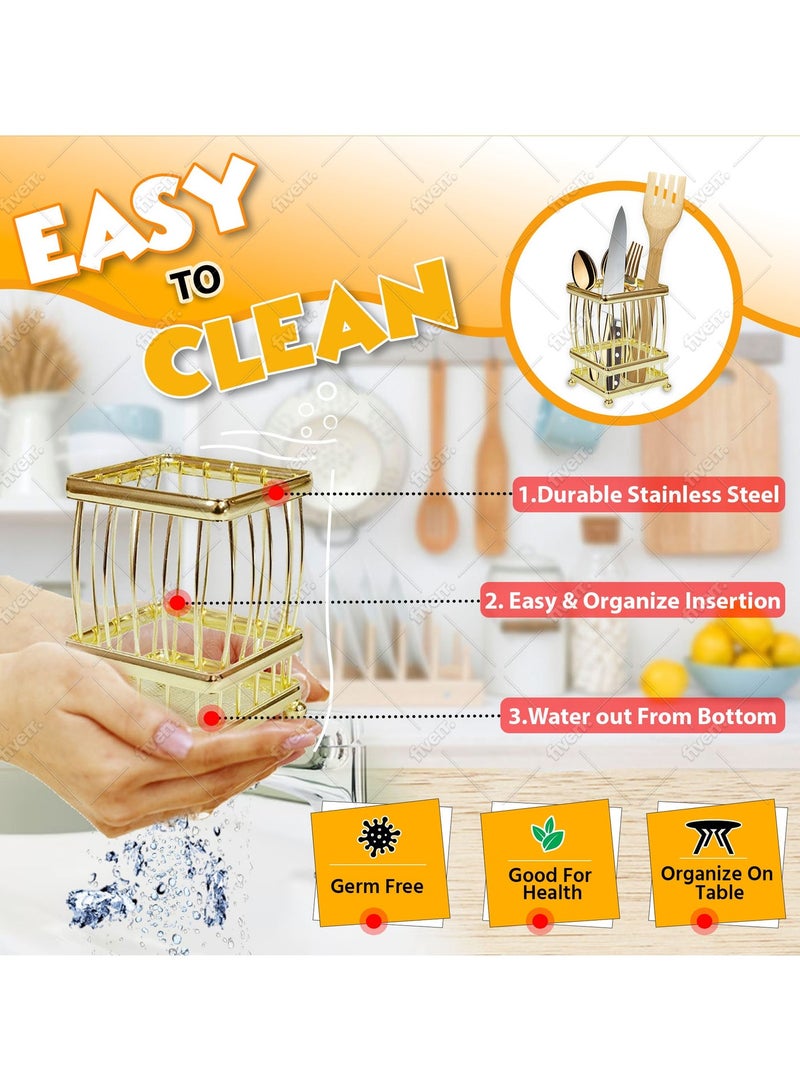 بورات صينية أدوات مائدة بورات الفاخرة - حامل أدوات من الحديد الزهر الذهبي | منظم مطبخ أنيق ومتين | مساحة تخزين على سطح الطاولة موفرة للمساحة | منظم أدراج وأدوات مائدة - Image 4