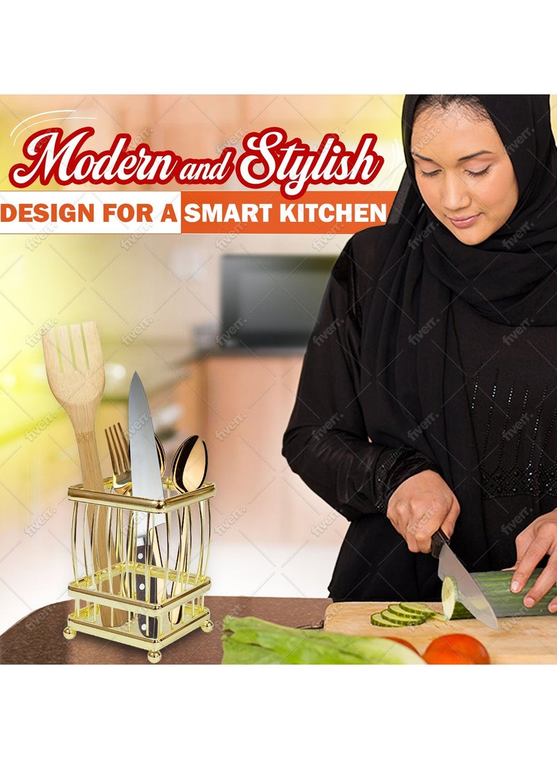 بورات صينية أدوات مائدة بورات الفاخرة - حامل أدوات من الحديد الزهر الذهبي | منظم مطبخ أنيق ومتين | مساحة تخزين على سطح الطاولة موفرة للمساحة | منظم أدراج وأدوات مائدة - Image 5
