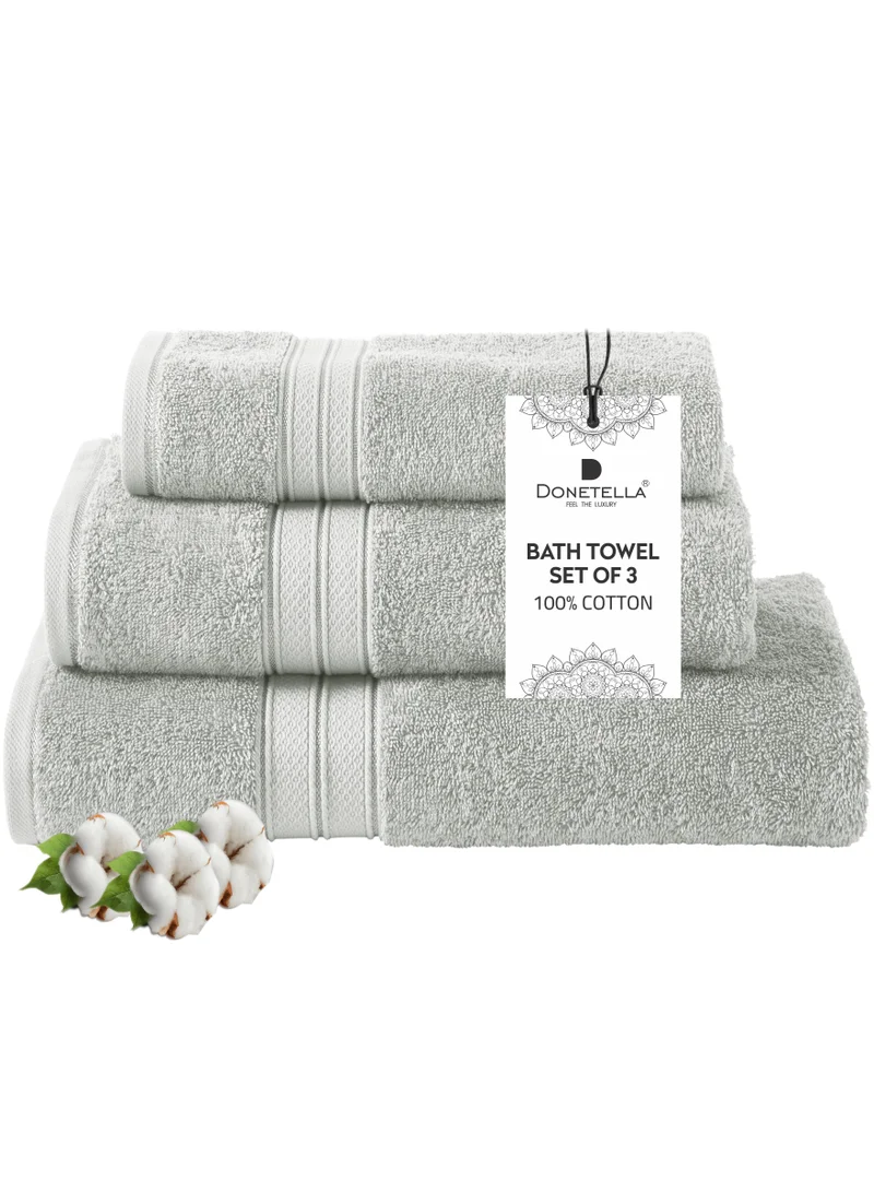 Donetella Premium Towel 3-Pcs Set, 100% Combed Cotton 600 GSM, Highly Absorbent, Quick Dry Towel Set Include 1 Bath Towel, 1 Bath Sheet, 1 Hand Towel, Best Set for Bathroom Gym, Hotel And Spa,Light Grey