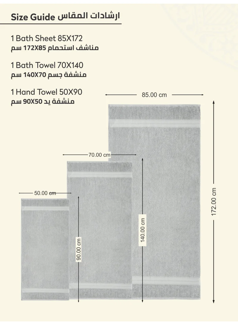 Donetella Premium Towel 3-Pcs Set, 100% Combed Cotton 600 GSM, Highly Absorbent, Quick Dry Towel Set Include 1 Bath Towel, 1 Bath Sheet, 1 Hand Towel, Best Set for Bathroom Gym, Hotel And Spa,Light Grey