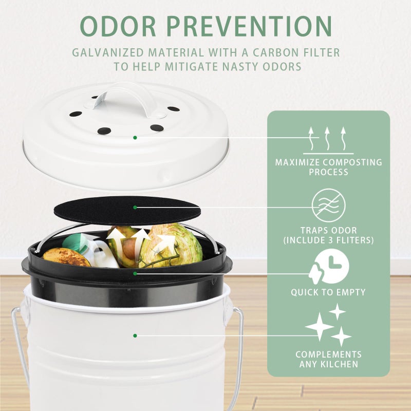 Vipush Compost Bin Kitchen Countertop Compost Bin with lid â€“ Small Compost Bin Includes Inner Compost Bucket Liner & 3 Charcoal Filters, White - Image 2