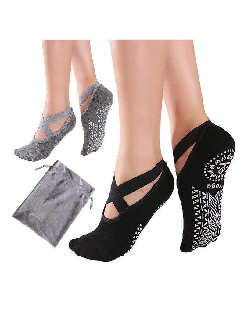 Y&D Yoga Socks for Women Non-Slip Grips & Straps with Carrying Pouch, One Size, Ideal Pilates, Pure Barre, Ballet, Dance, Barefoot Workout (2 Pairs, 1Black 1Grey)  - Image 1