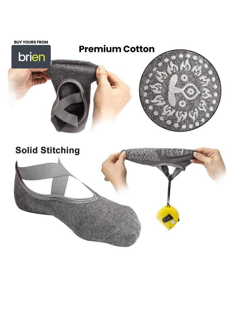 Y&D Yoga Socks for Women Non-Slip Grips & Straps with Carrying Pouch, One Size, Ideal Pilates, Pure Barre, Ballet, Dance, Barefoot Workout (2 Pairs, 1Black 1Grey)  - Image 2