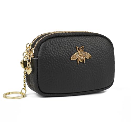 imeetu Women Leather Coin Purse, Small 2 Zippered Change Pouch Wallet(Copper Bee, Black) - Image 1