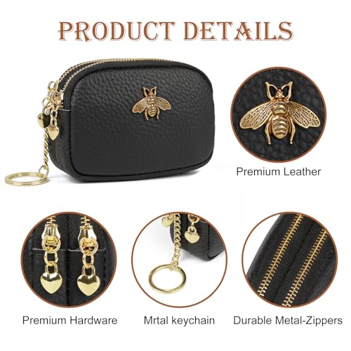 imeetu Women Leather Coin Purse, Small 2 Zippered Change Pouch Wallet(Copper Bee, Black) - Image 4