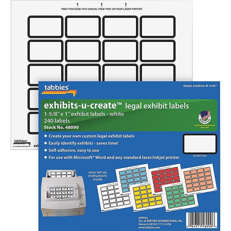 Tabbies Legal Exhibits-U-Create 1-5/8"W x 1"H Labels, 8-1/2"W x 7"H Sheet, 240 Labels/Pack (48090), White - Image 1