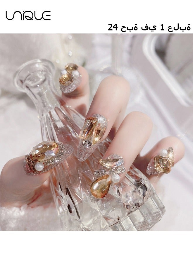 Unique 24Pcs Fake Nails, Press Nails, Mid-length Ballet Manicure - Champagne Diamond-set Manicure - Shiny Pearl Manicure - Fake Nail Patch - Image 1