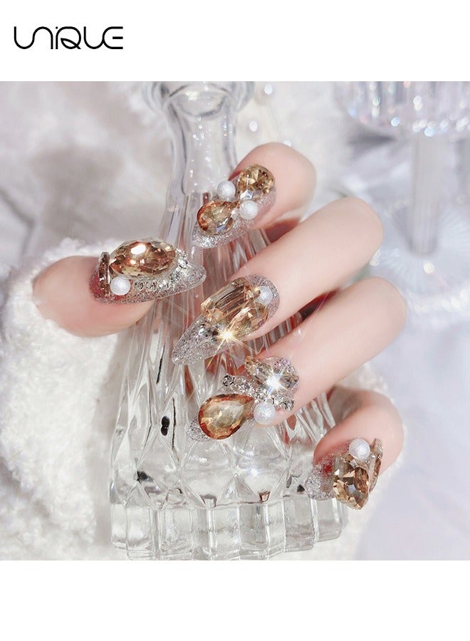 Unique 24Pcs Fake Nails, Press Nails, Mid-length Ballet Manicure - Champagne Diamond-set Manicure - Shiny Pearl Manicure - Fake Nail Patch - Image 4
