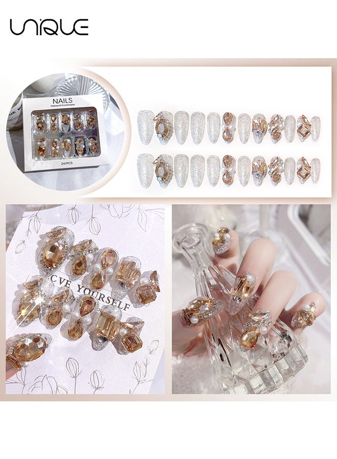 Unique 24Pcs Fake Nails, Press Nails, Mid-length Ballet Manicure - Champagne Diamond-set Manicure - Shiny Pearl Manicure - Fake Nail Patch - Image 2