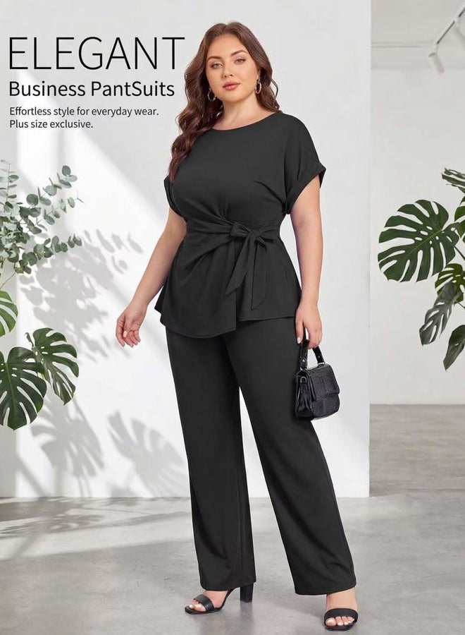 Ekaliy Women's 2 Piece Outfits Short Sleeve Peplum Top Flared Pant Business Suit Set Dressy Pantsuits, Black, L - Image 5