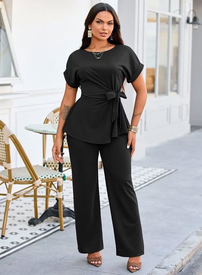 Ekaliy Women's 2 Piece Outfits Short Sleeve Peplum Top Flared Pant Business Suit Set Dressy Pantsuits, Black, L - Image 2