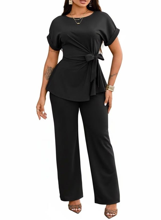 Ekaliy Women's 2 Piece Outfits Short Sleeve Peplum Top Flared Pant Business Suit Set Dressy Pantsuits, Black, L - Image 1