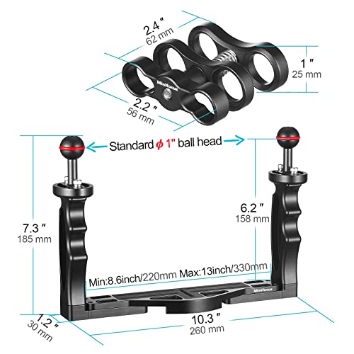 MINIFOCUS Underwater Camera Handle Tray Bracket, Dual Handle Extendable Aluminum Alloy Video Stabilizer Holder with 2 1'' Ball Clamp Mount for Underwater Camera Diving Housings - Image 4