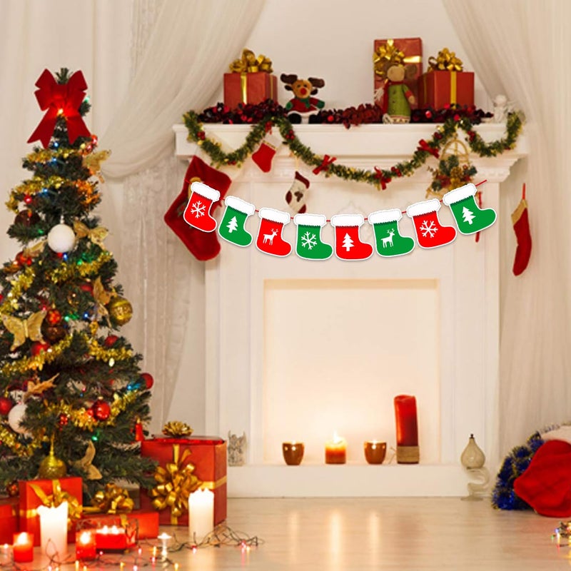 Zyozique Zyozique Merry Christmas Paper Banner Xmas Paper Banners Paper Bunting Socks Themed Merry Christmas Hanging Paper Banner Felt Garland for Christmas Indoor Home Wall Christmas Decorations  - Image 4