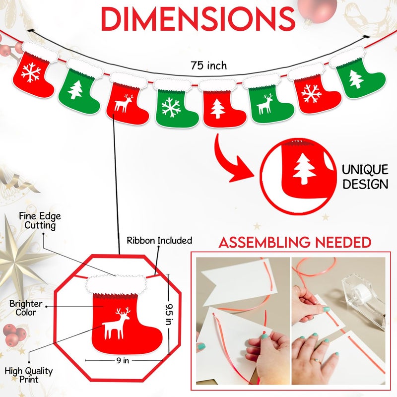 Zyozique Zyozique Merry Christmas Paper Banner Xmas Paper Banners Paper Bunting Socks Themed Merry Christmas Hanging Paper Banner Felt Garland for Christmas Indoor Home Wall Christmas Decorations  - Image 2