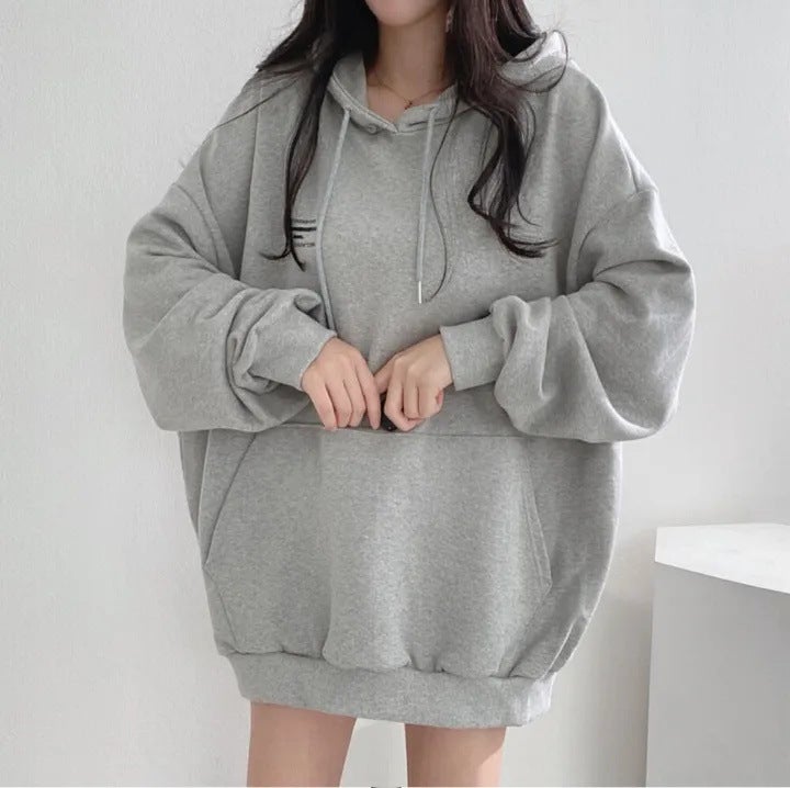 Japanese Style Harajuku Style fleece-lined Hooded Sweatshirt Womens Spring Autumn and Winter New oversize Thin Couple Sweet Coat 50137A Grey fleece-lined