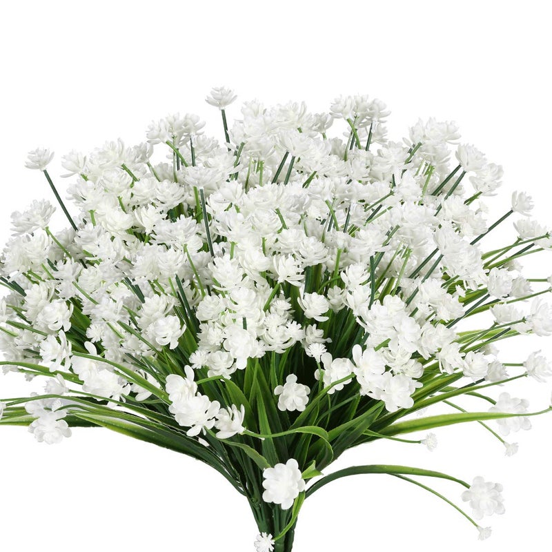 URSTOUD 6Bundles Artificial FlowersFake Greenery Faux Plastic Bushes Fake Shrubs UV Resistant No Fade Faux Plastic Plants for Wedding Hanging Bouquet Indoor Outdoor Home Garden OfficeWhite