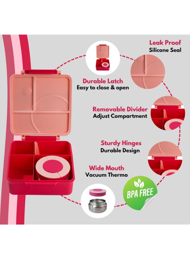 Bento Box for Kids With Thermos Leak Proof Lunch Box with 4-Compartment - Amazing Designs, Microwave-Safe, BPA-Free, Easy to Clean, Kids & Adults, School & Office (Pink)  - Image 4