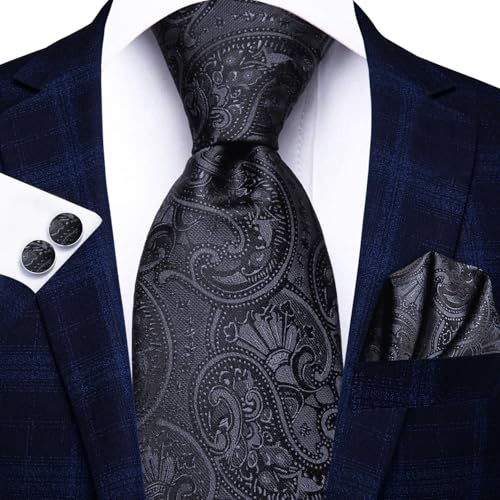 Hi-Tie Silk Paisley Ties for Men Necktie Pocket Square Cufflinks Set Foral Tie Sets Formal Business,Black Paisley - Image 3