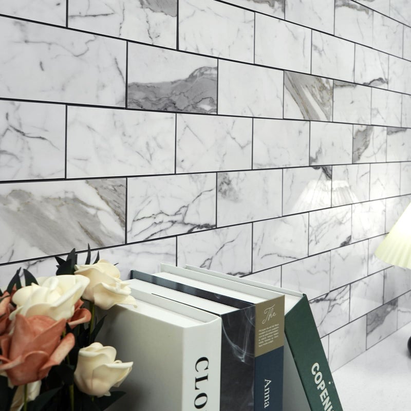 Vamos Tile 100-Piece Glossy Statury White Peel and Stick Backsplash Tile,3''x6'' PVC Subway Tile with Dark Gray Grout, Stick on Backsplash for Kitchen/Bathroom/Fireplace - Image 3