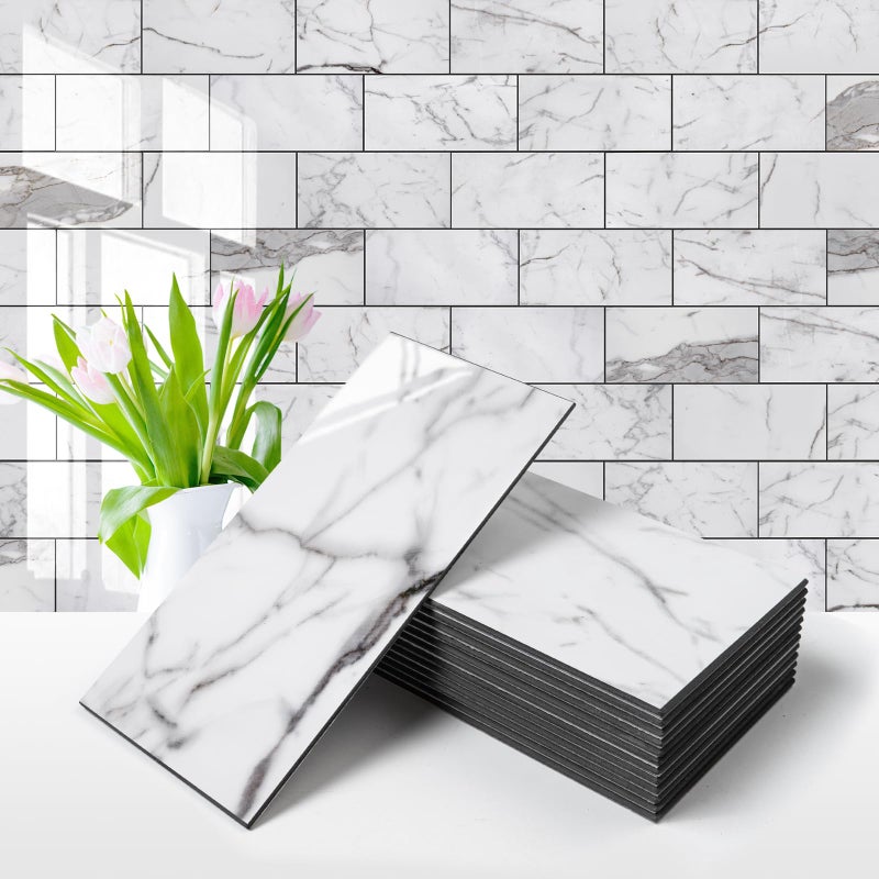 Vamos Tile 100-Piece Glossy Statury White Peel and Stick Backsplash Tile,3''x6'' PVC Subway Tile with Dark Gray Grout, Stick on Backsplash for Kitchen/Bathroom/Fireplace - Image 1