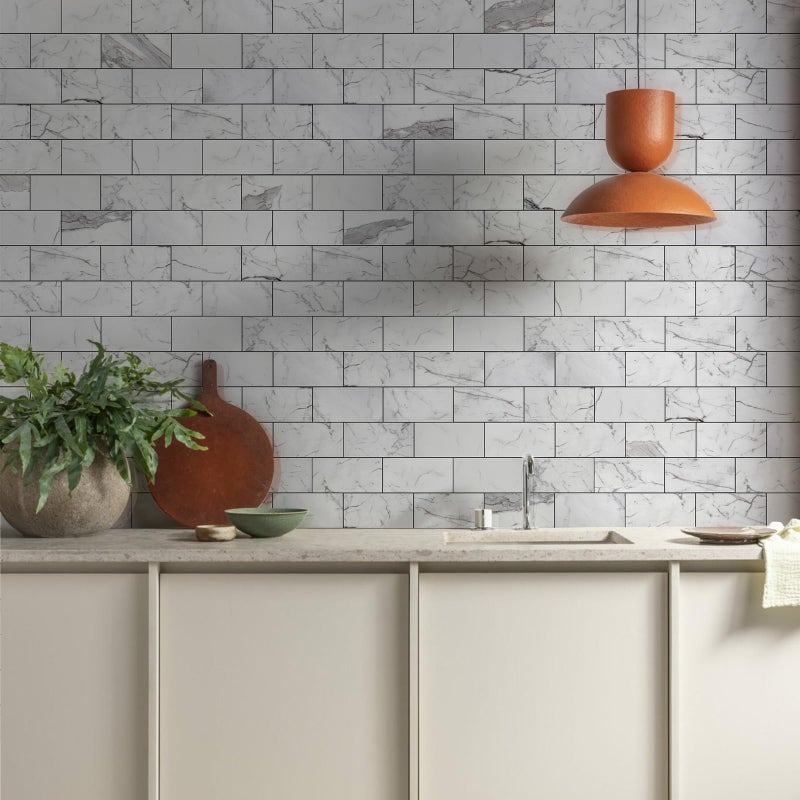 Vamos Tile 100-Piece Glossy Statury White Peel and Stick Backsplash Tile,3''x6'' PVC Subway Tile with Dark Gray Grout, Stick on Backsplash for Kitchen/Bathroom/Fireplace - Image 2