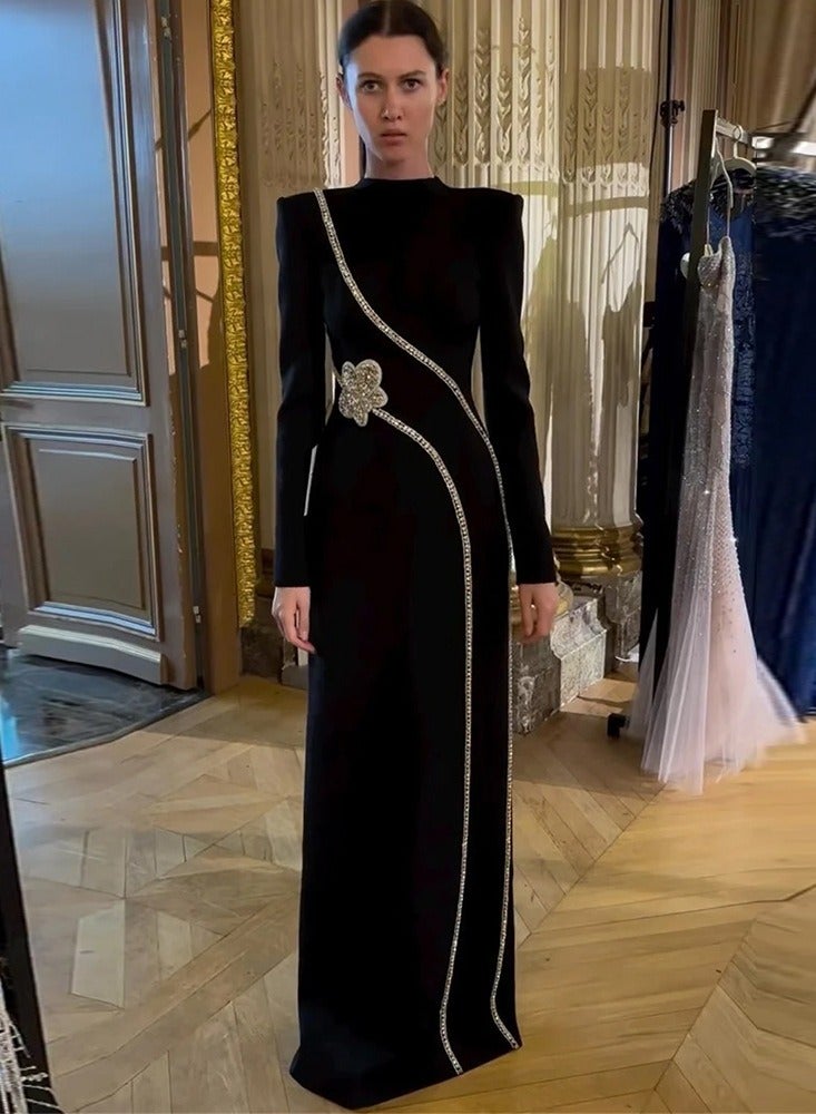 NIBEMINENT Long-sleeved Elegant Evening Dress, Long Lady's Beaded And Diamond-encrusted Dress - Image 1