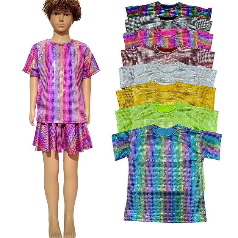 Houndstooth Laser Sequin Short-Sleeved T-Shirt Dancing Clothing Adult Men'S And Women'S Children'S Art Show Top - Image 2