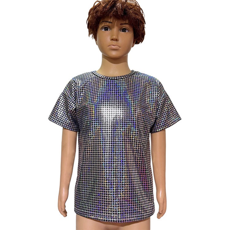 Houndstooth Laser Sequin Short-Sleeved T-Shirt Dancing Clothing Adult Men'S And Women'S Children'S Art Show Top - Image 4
