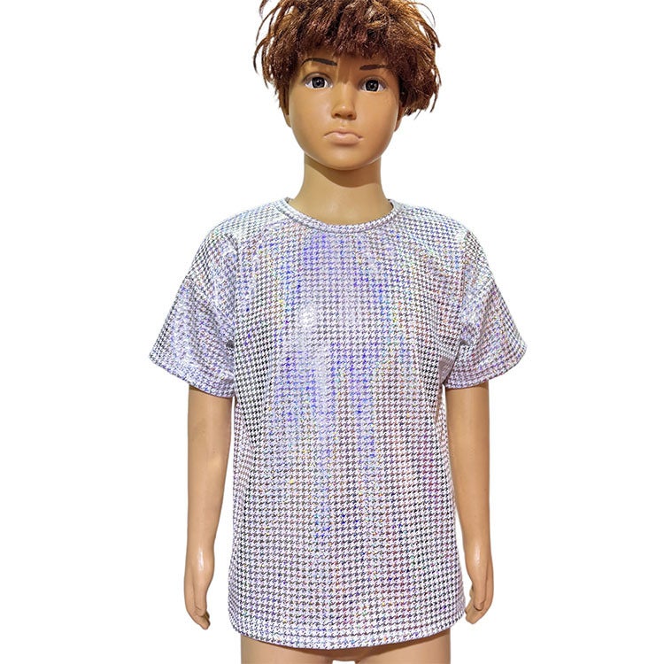 Houndstooth Laser Sequin Short-Sleeved T-Shirt Dancing Clothing Adult Men'S And Women'S Children'S Art Show Top - Image 3