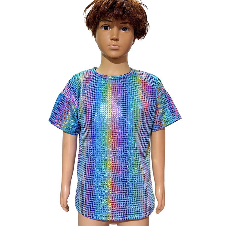 Houndstooth Laser Sequin Short-Sleeved T-Shirt Dancing Clothing Adult Men'S And Women'S Children'S Art Show Top - Image 5