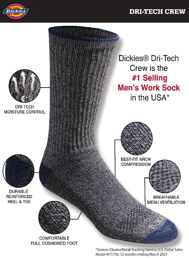 Dickies Dickies Men's Dri-tech Moisture Control Crew Socks Multipack, Heathered Colored (6 Pairs), Shoe Size: 6-12 - Image 2