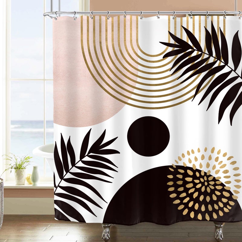 Imirell Boho Pink Black and Gold Shower Curtain 60Wx72H InchesAbstract Mid Century Leaves Bathroom CurtainsMinimalist Aesthetic Geometric Modern Shower Sets Waterproof Polyester 12 Hooks Plastic