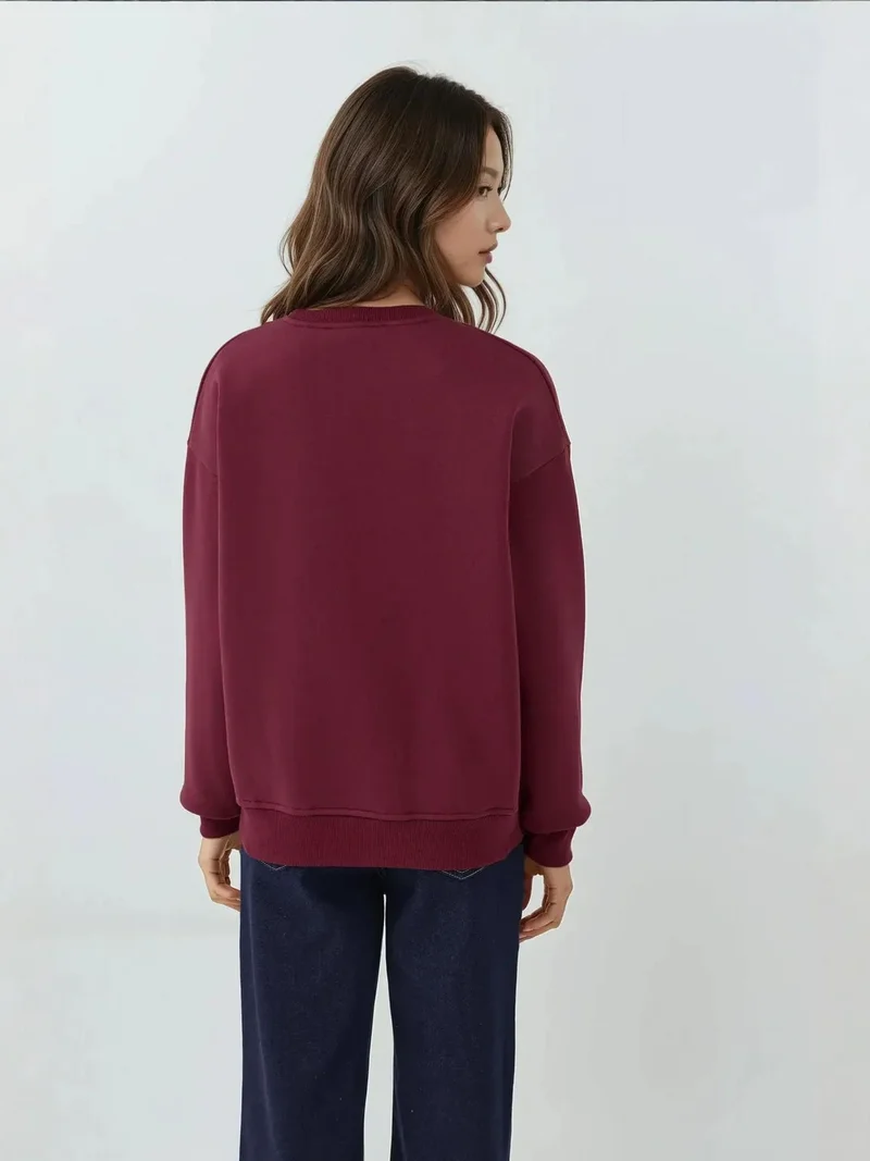 HICCUP Cherry Red Embroidered Crew Neck Raised Sweatshirt for Women | Best Price UAE
