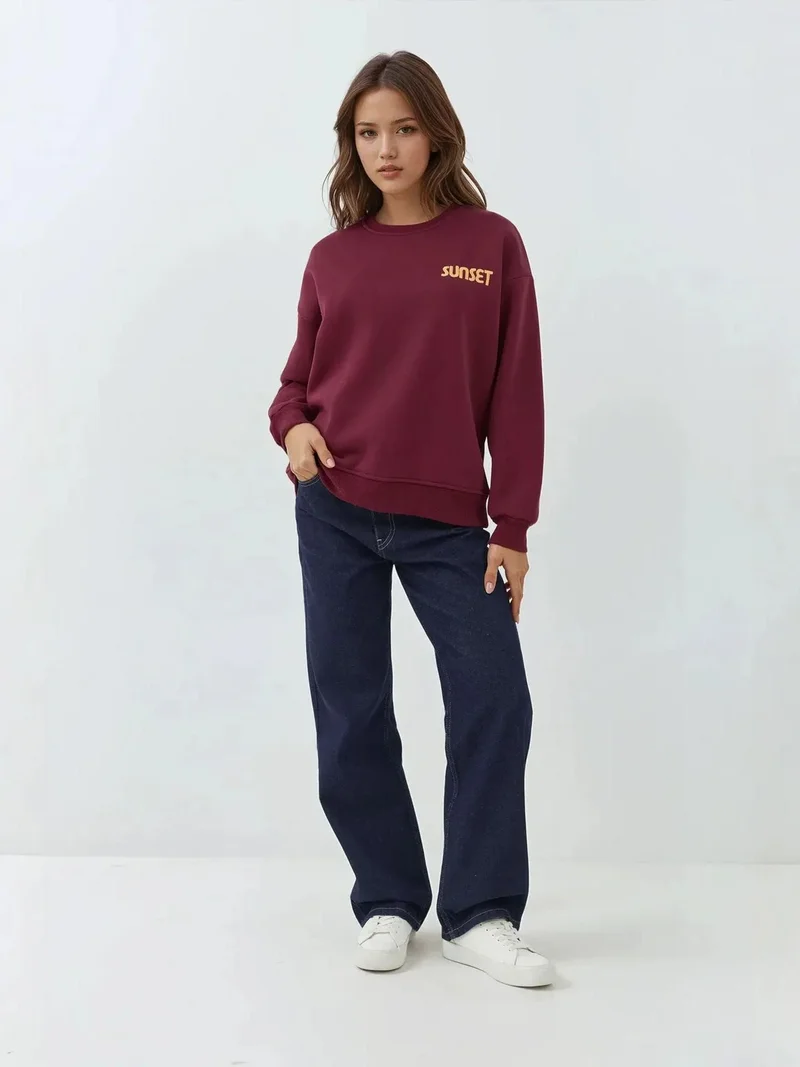 HICCUP Cherry Red Embroidered Crew Neck Raised Sweatshirt for Women | Best Price UAE