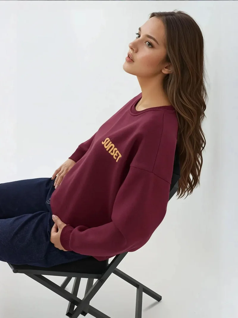 HICCUP Cherry Red Embroidered Crew Neck Raised Sweatshirt for Women | Best Price UAE