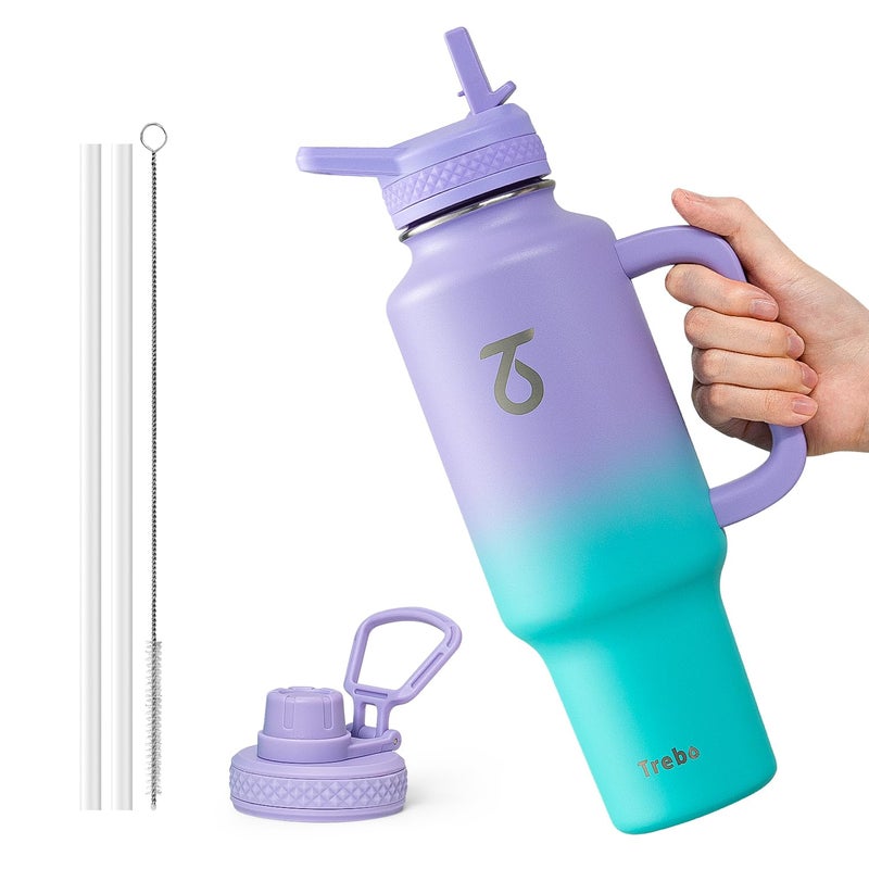 Trebo 40 oz Water Bottle Insulated Fit Car Cup Holder with Handle Stainless Steel Water Bottles Tumbler with Spout Straw Lids Double Wall Travel Reusable Flask Leakproof MugKeep Cold HotPurple