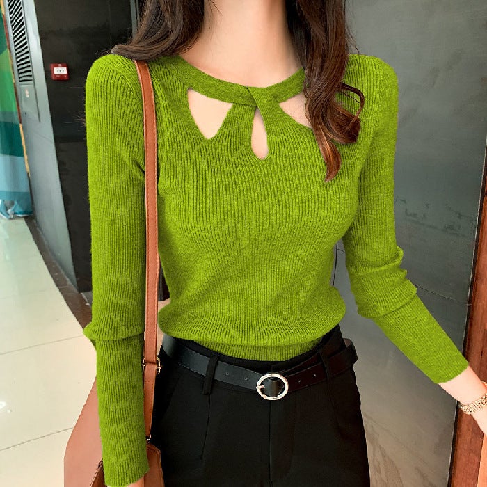 Autumn and Winter New Style Top with Wide-leg Pants Small Sexy Sweater Womens Pullover Slim-fit All-match Base Sweater Green